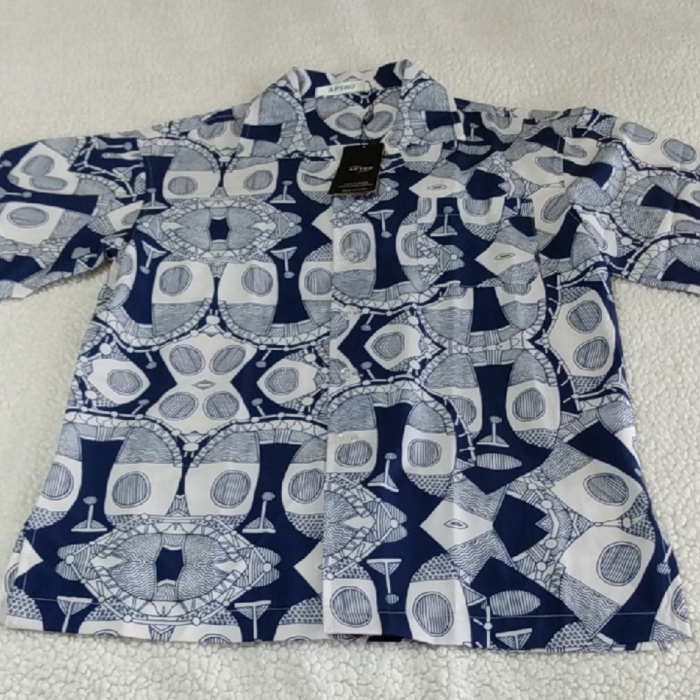 APTRO Mens Short Sleeve Button Up Shirt Blue White Abstract Print‎ Size S
